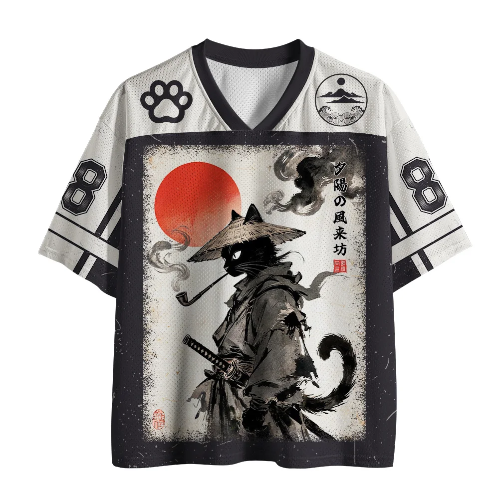 Camiseta de malla con cuello en V, diseño de tinta japonesa, gato negro Ronin, samurái, garra de sol roja, estilo Harajuku, para adultos y niños