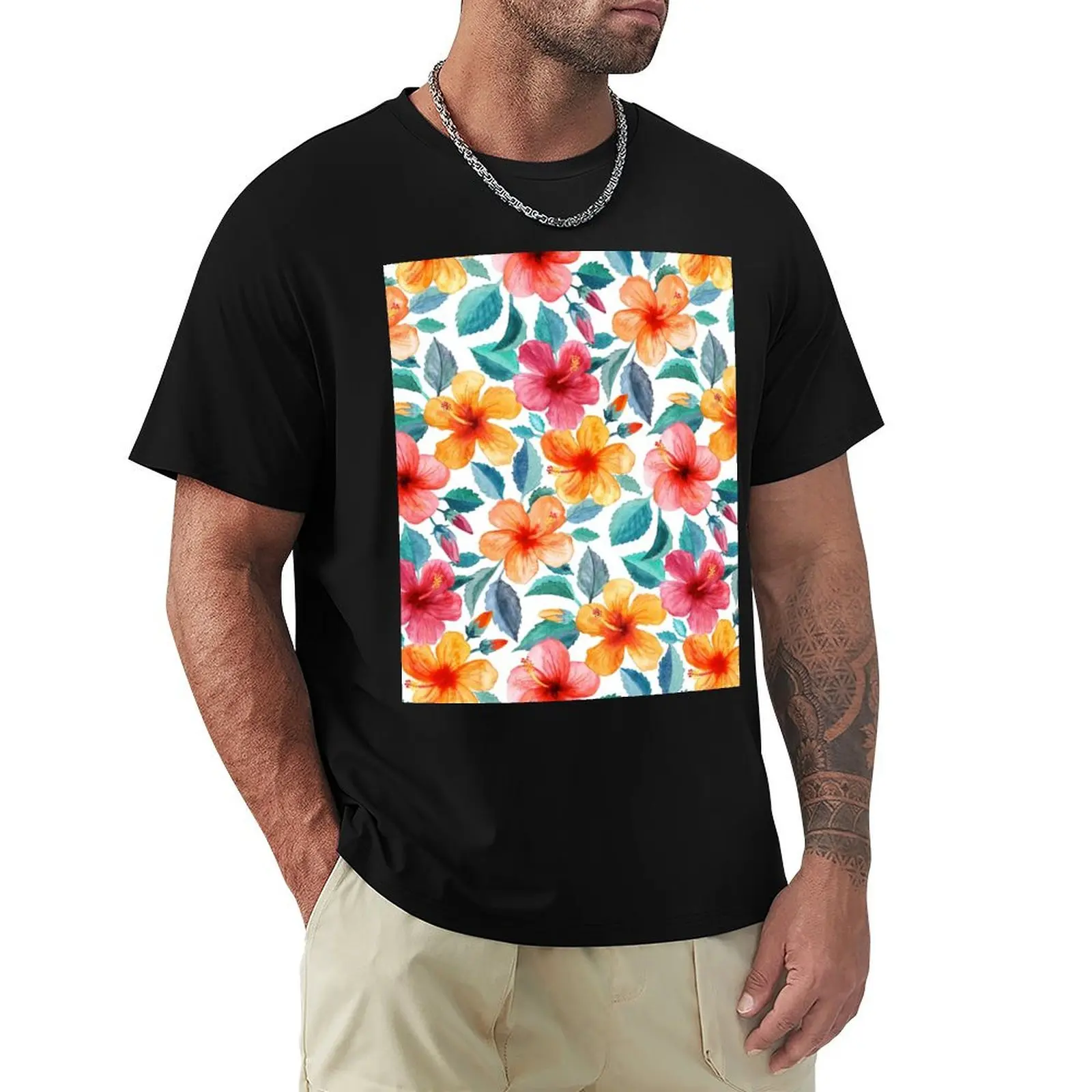 

Colorful Watercolor Hibiscus on Clean White T-Shirt new gifts and t-shirts quick drying Men's t shirts