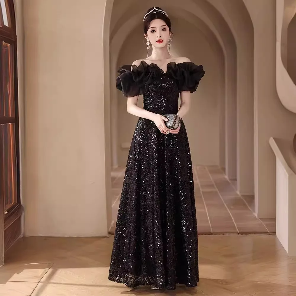 

2025Black Shoulder Youth Graduation Evening Dress Women's High-end Sense Light Luxury Niche Bar Mitzvah Banquet Temperament Host