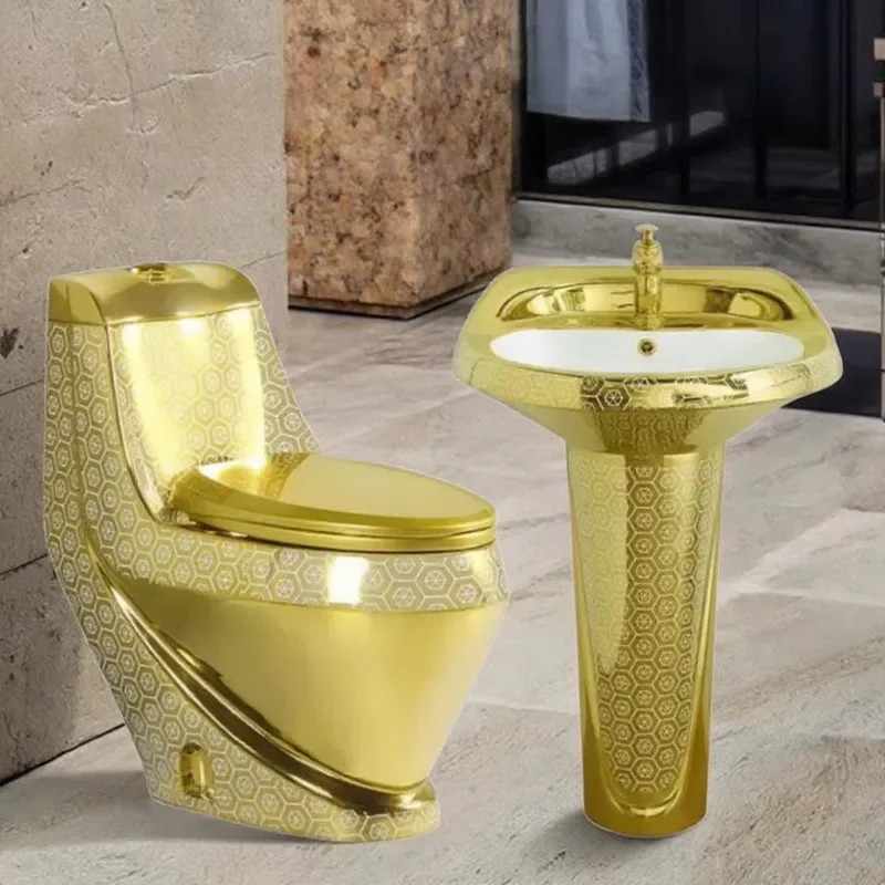 

Ceramic Sanitary Ware Suite Bathroom WC One-Piece Plating Gold Color Bathroom Toilet and Pedestal Sink Set