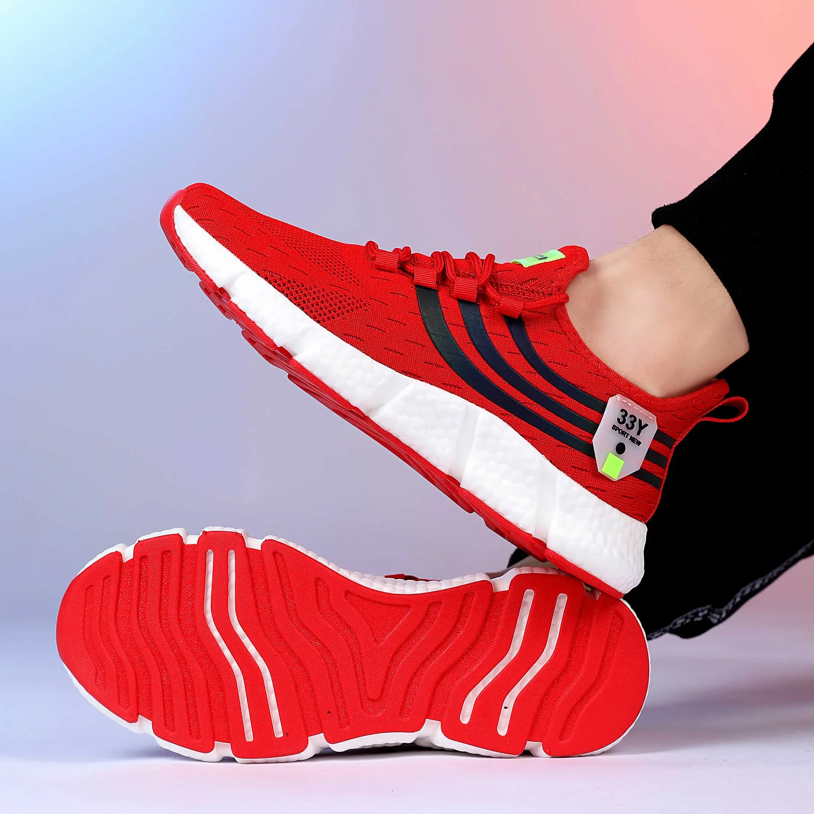 Men's Breathable Knitted Running Shoes Striped Fashion Design Lightweight Shoes Outdoor Exercise Jogging Training Sports Shoes