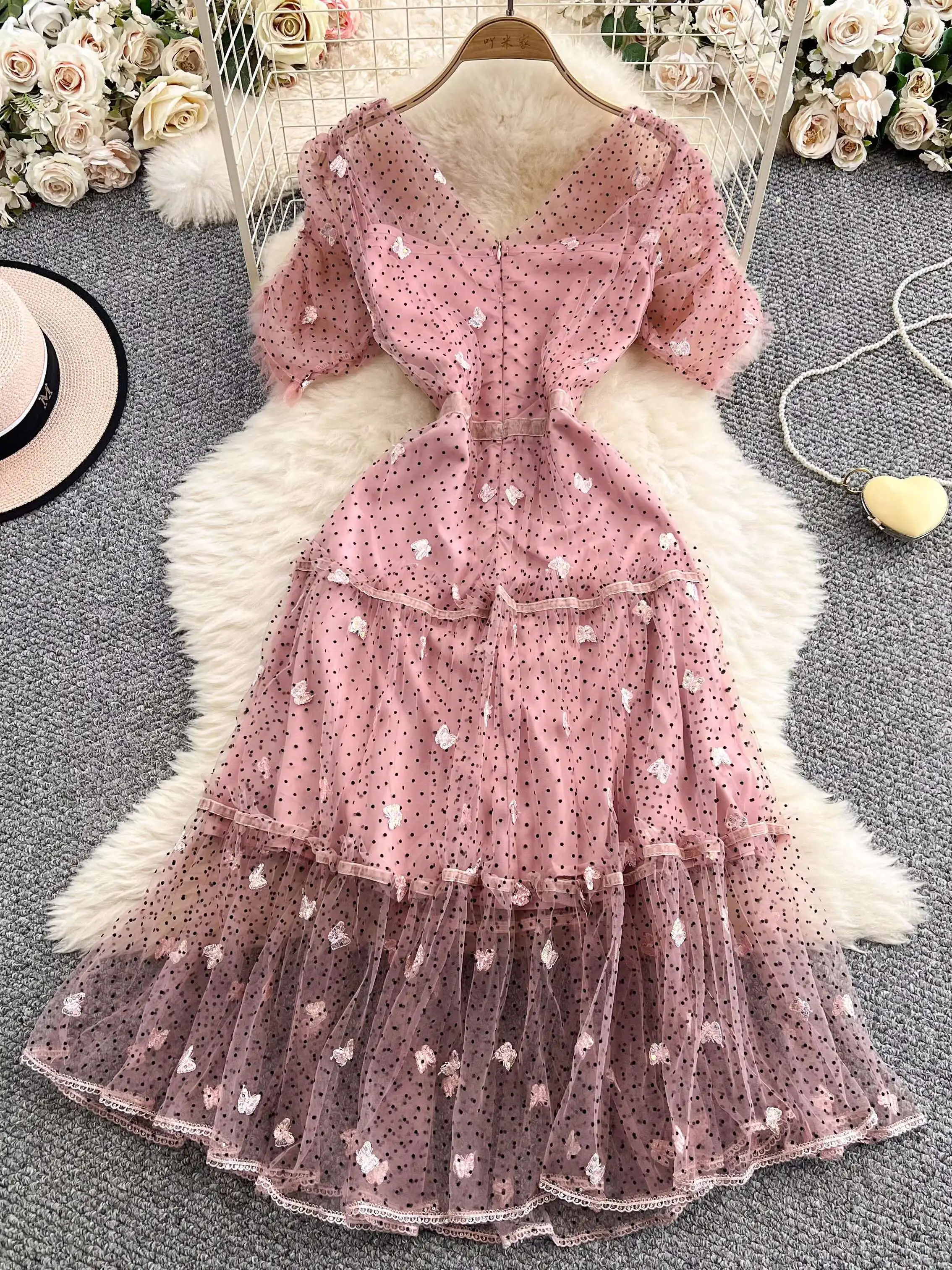 Robe longue brodée élégante pour femmes, manches courtes, points papillon, mi-longue, robes de bal de luxe au Crochet, robes de soirée, été