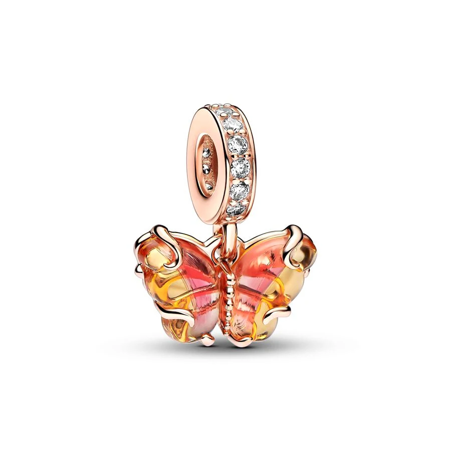 Plated Rose Gold Family Tree & Yellow Murano Glass Butterfly Dangle Charm Beads Fit Original Silver 925 Pandora Bracelet Jewelry