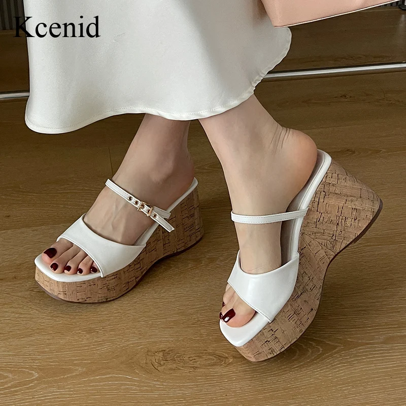 

Kcenid Summer Outdoor Fashion Peep Toe Platform Slippers White Buckle Strap Sandals Women Wedges Heels Ladies Leisure Shoes New