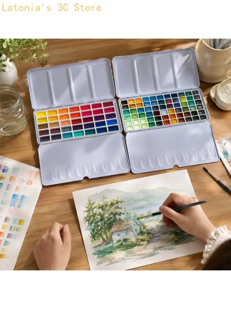 Iron Watercolor Case Paint Mixing Tin with Flat Bottom and Enamel Work Panels X3UB