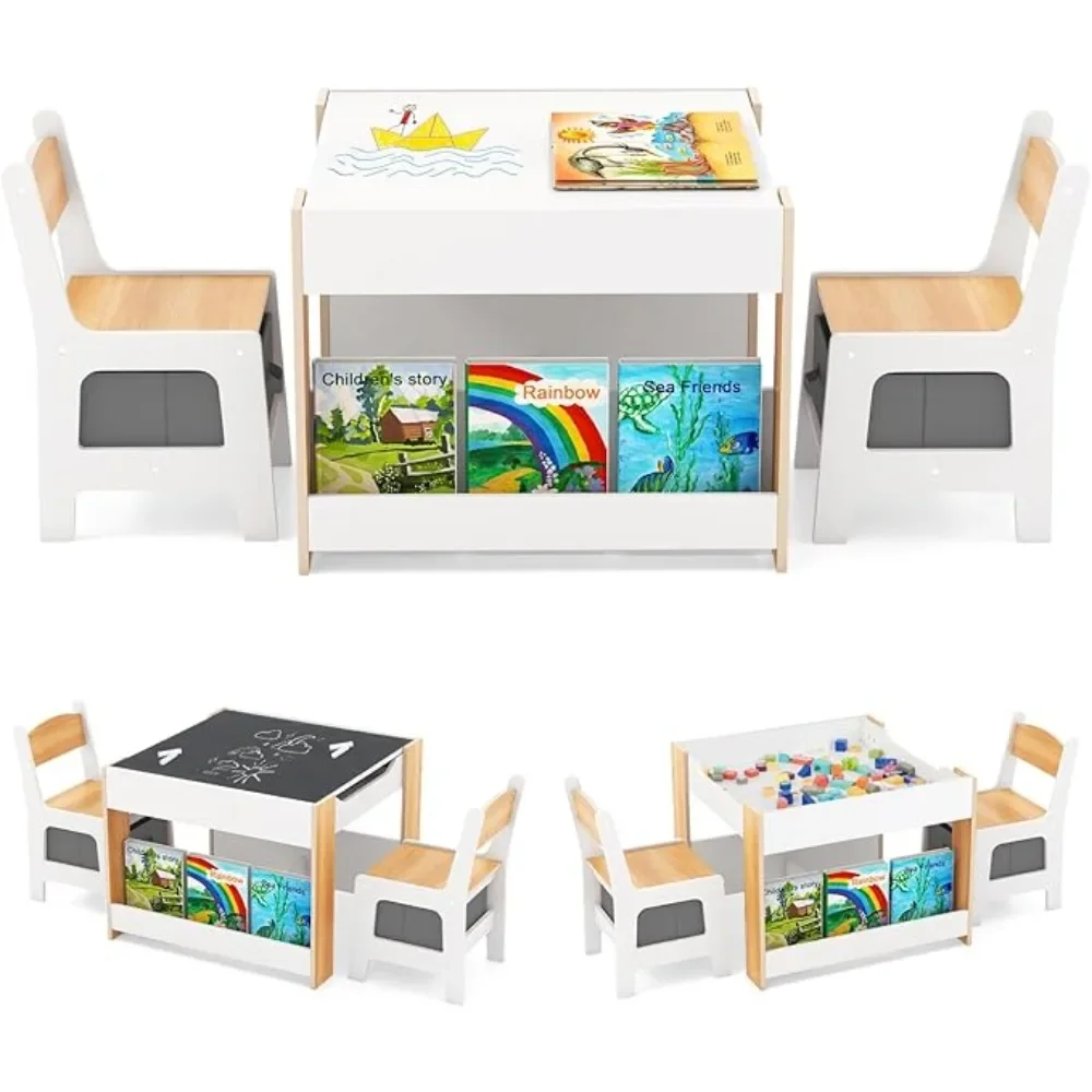 

Kids Table and Chairs, 4-in-1 Children Wooden Activity Set w/Double Bookshelves, Storage, Detachable Tabletop, for Art, Craft