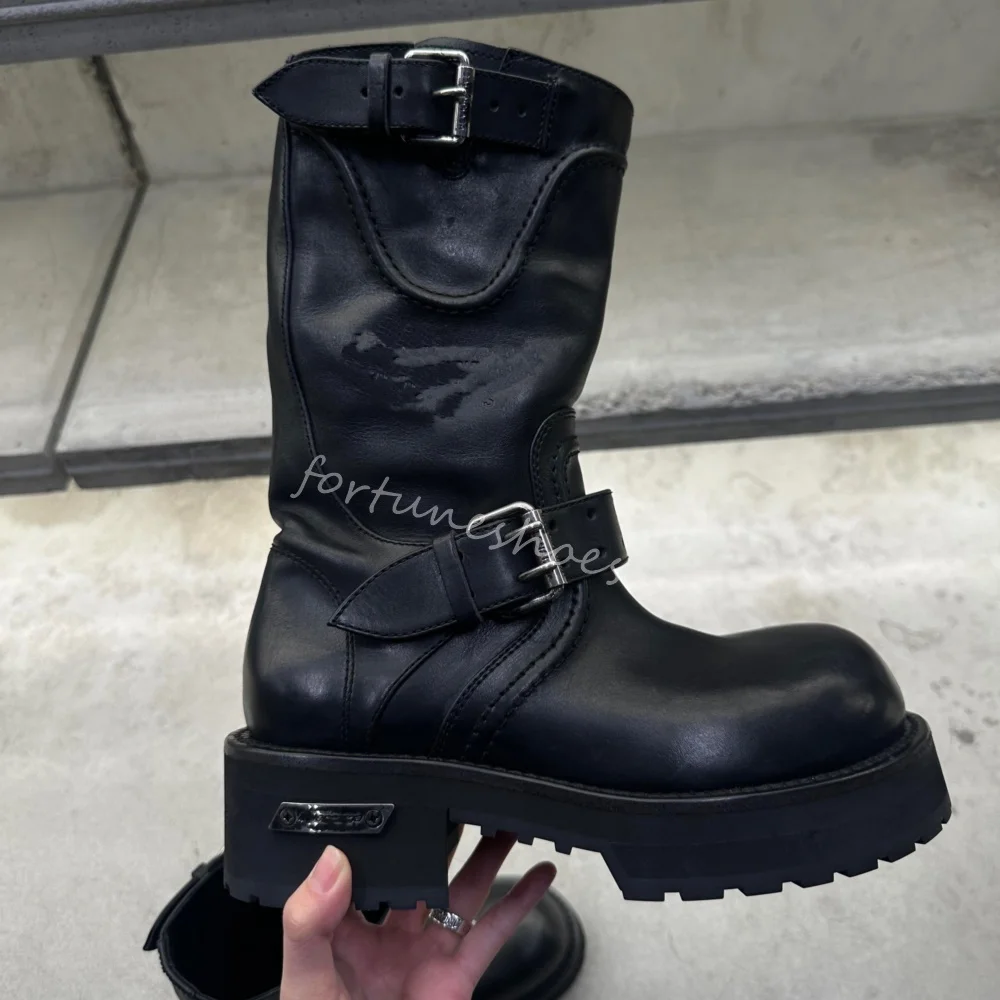 

Thick-soled Retro Big Head Biker Boots Women Belt Buckle Height Increasing Work Boots Fashion Platform Slip On Mid Calf Boots