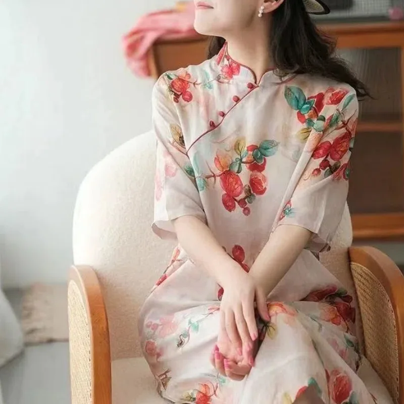 Vestido Qipao de estilo chino artístico, novedad de verano, cuello levantado, falda con botones y disco, Qipao estampado, vestido Vintage de moda para mujer