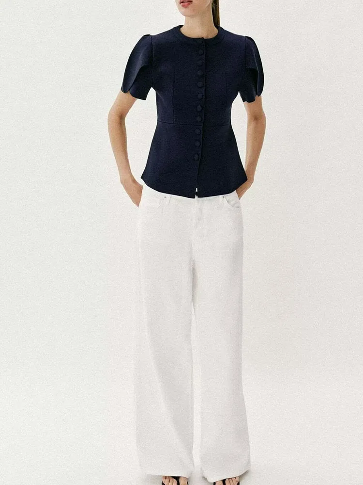 Summer New Women's round Neck Bubble Short Sleeve Slim Fit Knitted Short Jacket Casual Style Standard Version Other Material