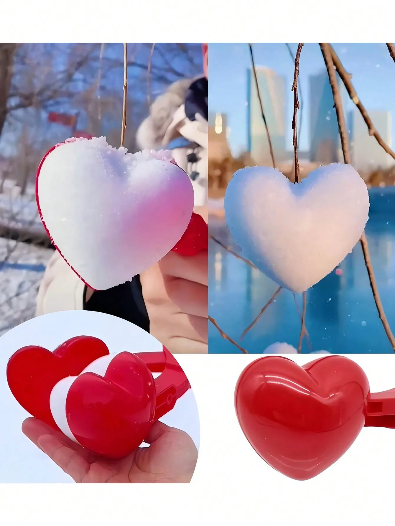 1/4 Pack Heart-Shaped Snowball Maker Outdoor Beach ABS Plastic Red Machine Clamp Winter Snow Sand Mold Tool for Sandbox And Beac