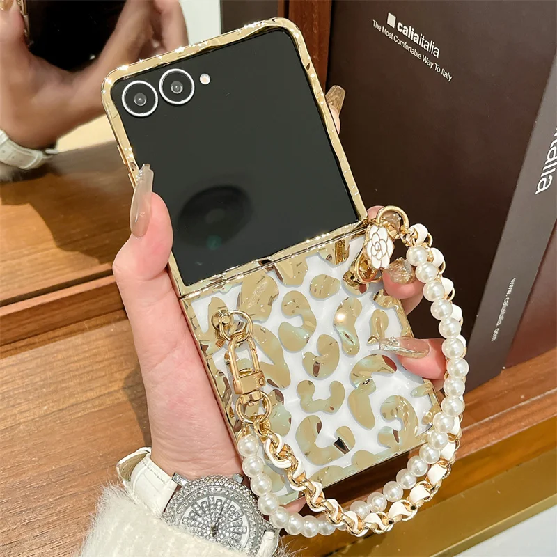 موضة تموجات الماء ليوبارد طباعة جراب هاتف لسامسونج غالاكسي Z فليب 7 6 5 4 3 Flip5 Flip6 Flip7 غطاء مع سلسلة حالات لطيف