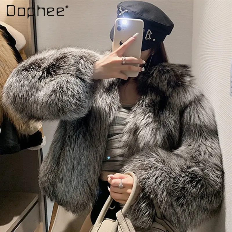 

Winter Faux Fox Fur Jacket Women 2022 New High-end Women's Chic Woman Silver Fox Fur One-Piece Short Artificial Fur Coats Female