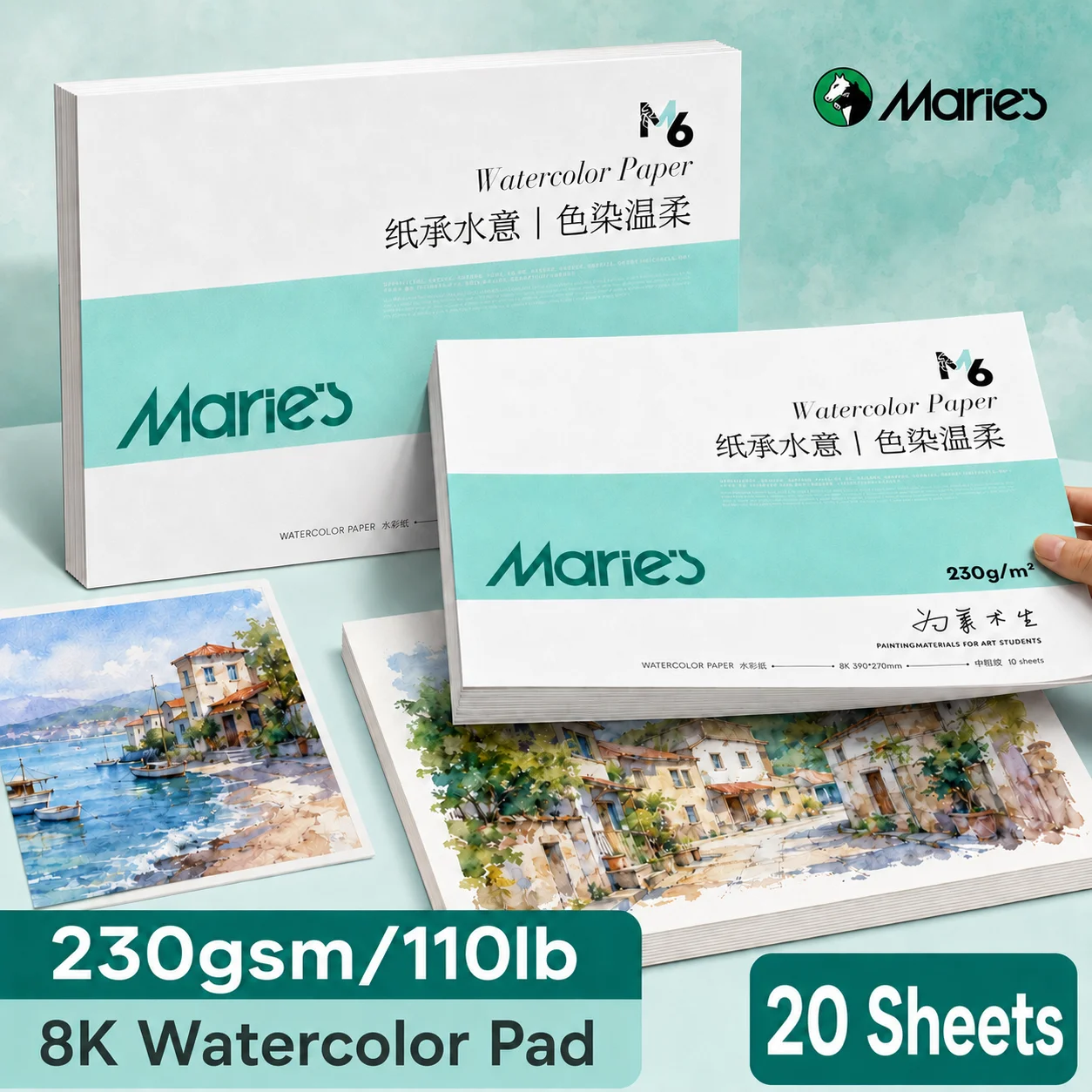 Marie's 8K Watercolor Paper Set,230gsm/110lb 20 Sheets for Color Blending, Layering, Illustration
