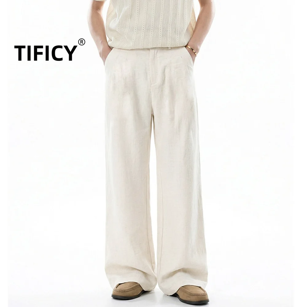 High Street Pants Linen Trousers Double Folded A-line Straight Leg Casual Pants Men's Summer Loose Commuting Pants