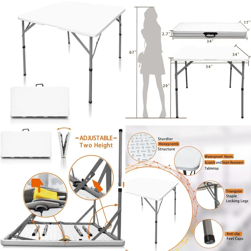 

Portable 34 Square Plastic Folding Table with Resin Surface for Outdoor and Indoor Activities