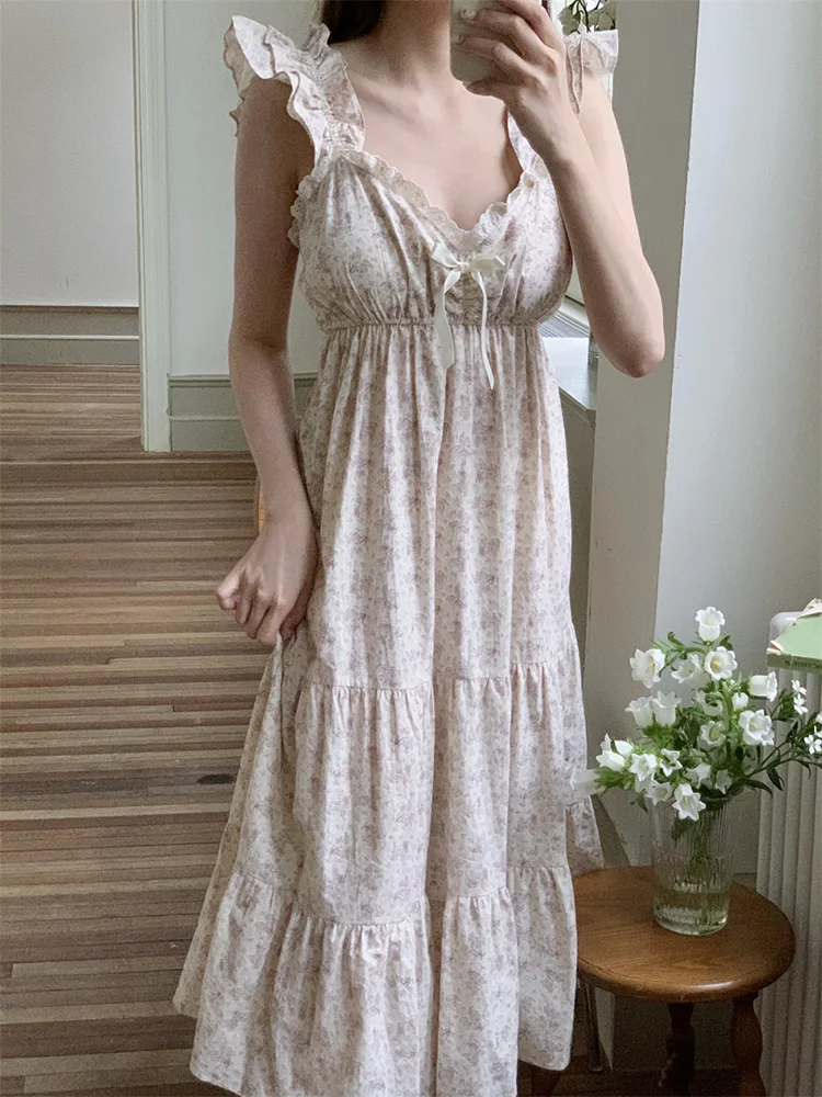 Print Soft Floral Cotton Sleeveless Sweet Court style French NightDress Women Princess Loose V-Neck Sxey Suspenders Sleepwear