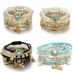 Bohemian Handmade Bracelet Set For Women Fatima Hand Evil Eye Heart Charm Adjustable Rope Chain Bangle Men Daily Wear Jewelry