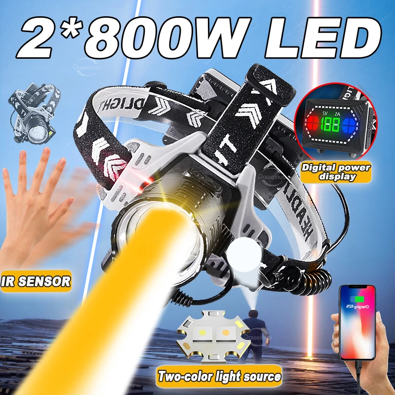 Lighting 3000M Ultra Powerful 800W LED Headlamp High Power Rechargeable Headlight IR Sensor Head Flashlight Fishing Head Lantern