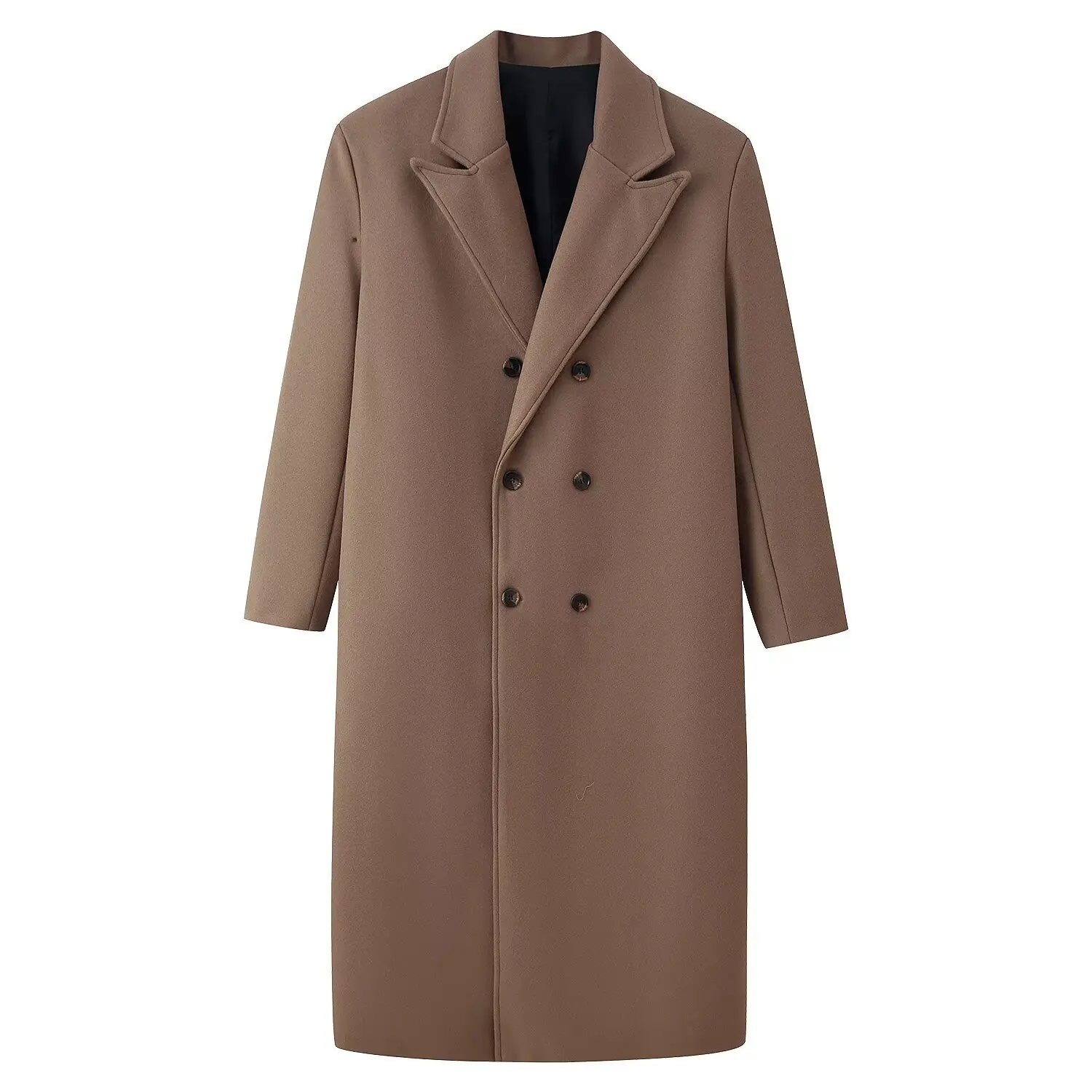 Damski płaszcz wełniany, luźny, dwurzędowy, z długim rękawem, kołnierzem marynarki, w jednolitym kolorze, casualowy, długi, na jesień i zimę.