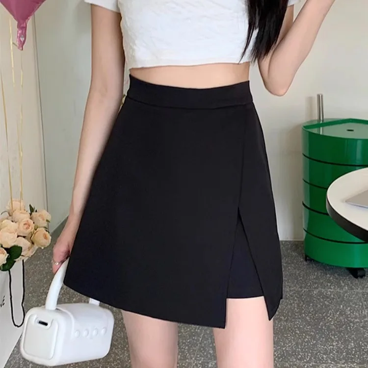 Slim High Waist A-Line Mini Skirt for Women in Black Asymmetrical Slit Design Polyester Fabric Non-Iron Treatment Short Skirt