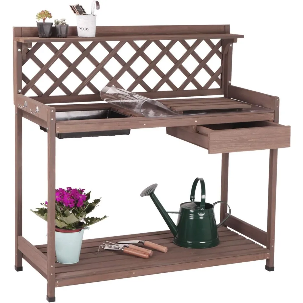 Potting Bench with PVC Layer, Outdoor Gardening Work Bench with Sink & Lid, Wooden Planting Table for Outside with Storage