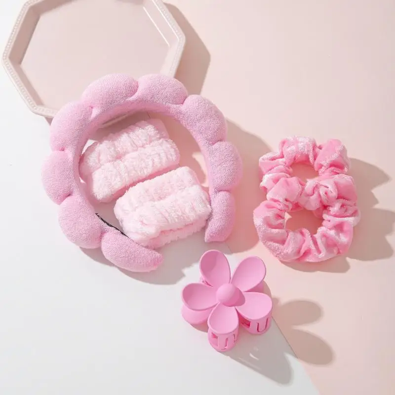 4/6-teiliges Plüsch-Hautpflege-Stirnband-Set mit saugfähigen Handgelenkbändern und niedlicher Blumen-Haarklammer für Gesichtsreinigung, Make-up und Hautpflege – Detail 7