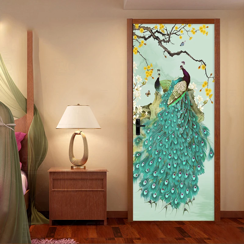 

Vintage Blue Peacock Flowers 3D Wallpaper Living Room Bedroom Photo 3D Door Sticker PVC Waterproof Vinyl Mural Home Decor Decal