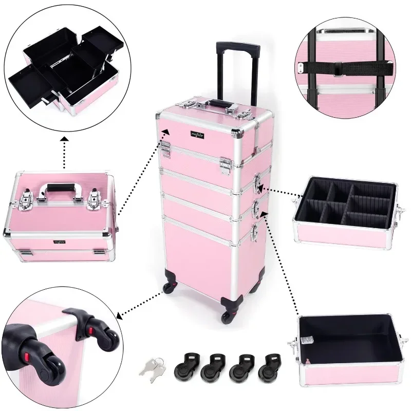 

ez 4 in 1 Rolling Makeup Train Case, Aluminum Makeup Travel Organizer Cosmetic Case, Cosmetology Display Suitcase on Wheels