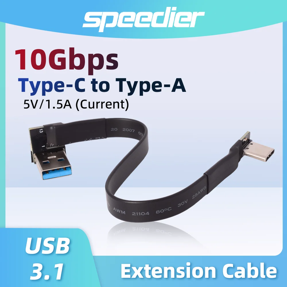

USB A 3.0 Type-C To Type-A Male Female Flat Extension Cable Flexible 5Gbps 5V/1.5A 90 Degree Extender Adapter Cable Double Bend