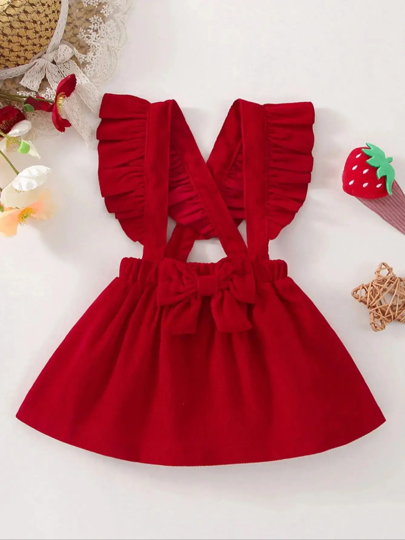 Modisches Lässiges Einfarbiges Kleid mit Schleifendekoration und Schulterriemen für Babymädchen Einteiliges Frühlings- und Herbstkleid – Detail 1