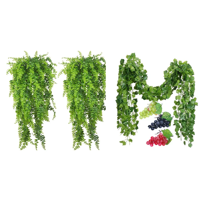 4 PCS Artificial Plants Vines Boston Fern Persian Rattan Greenery & 12 Strands Artificial Fake Grape Vines Ivy Leaves