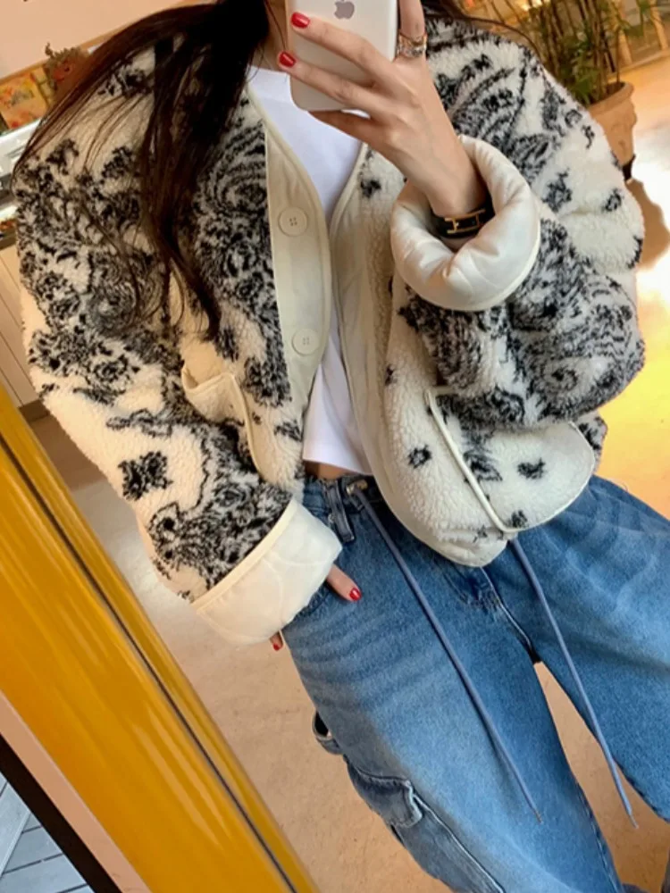 

Хлопковое пальто с воротником из ягненка, женское осенне-зимнее повседневное хлопковое пальто с ореховым цветочным узором, модная уличная одежда