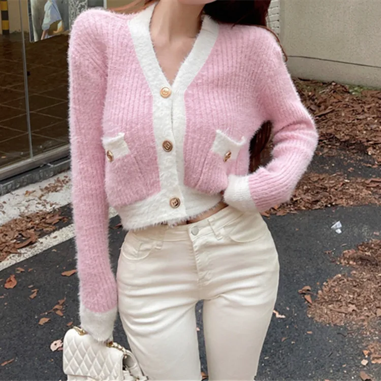 

Color Blocking Sweater Jacket for Women, New Fashion and Versatile Short Knitted Cardigan for Autumn and Winter 2025