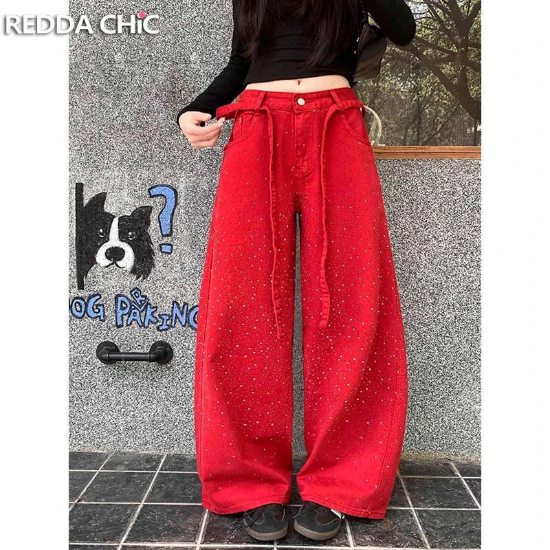 

ReddaChic Belted Rhinestone Jeans for Women Vintage Low Waist Washed Carrot Fit Denim Trousers Sparkly Kpop Trendy Streetwear