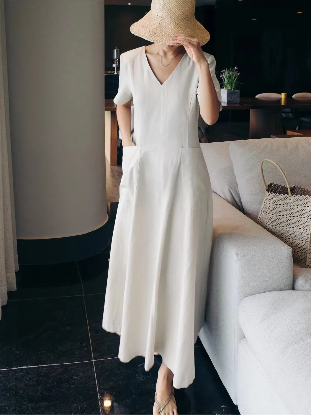 Slimming Word Fashion Loose Short Sleeve Collar Dress with Double Pockets Waist Cinched Slimming Effect Spring Autumn Winter