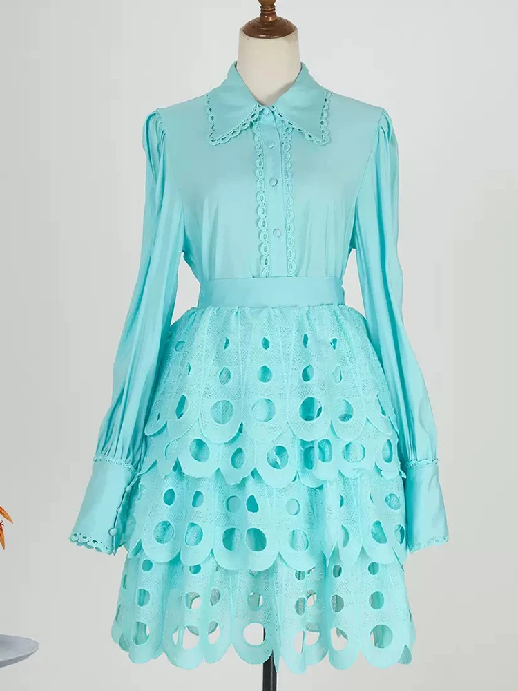 

Retro autumn new elegant women's dress stitching hollow lace long-sleeved shirt top high waist cake skirt fashion two-piece suit