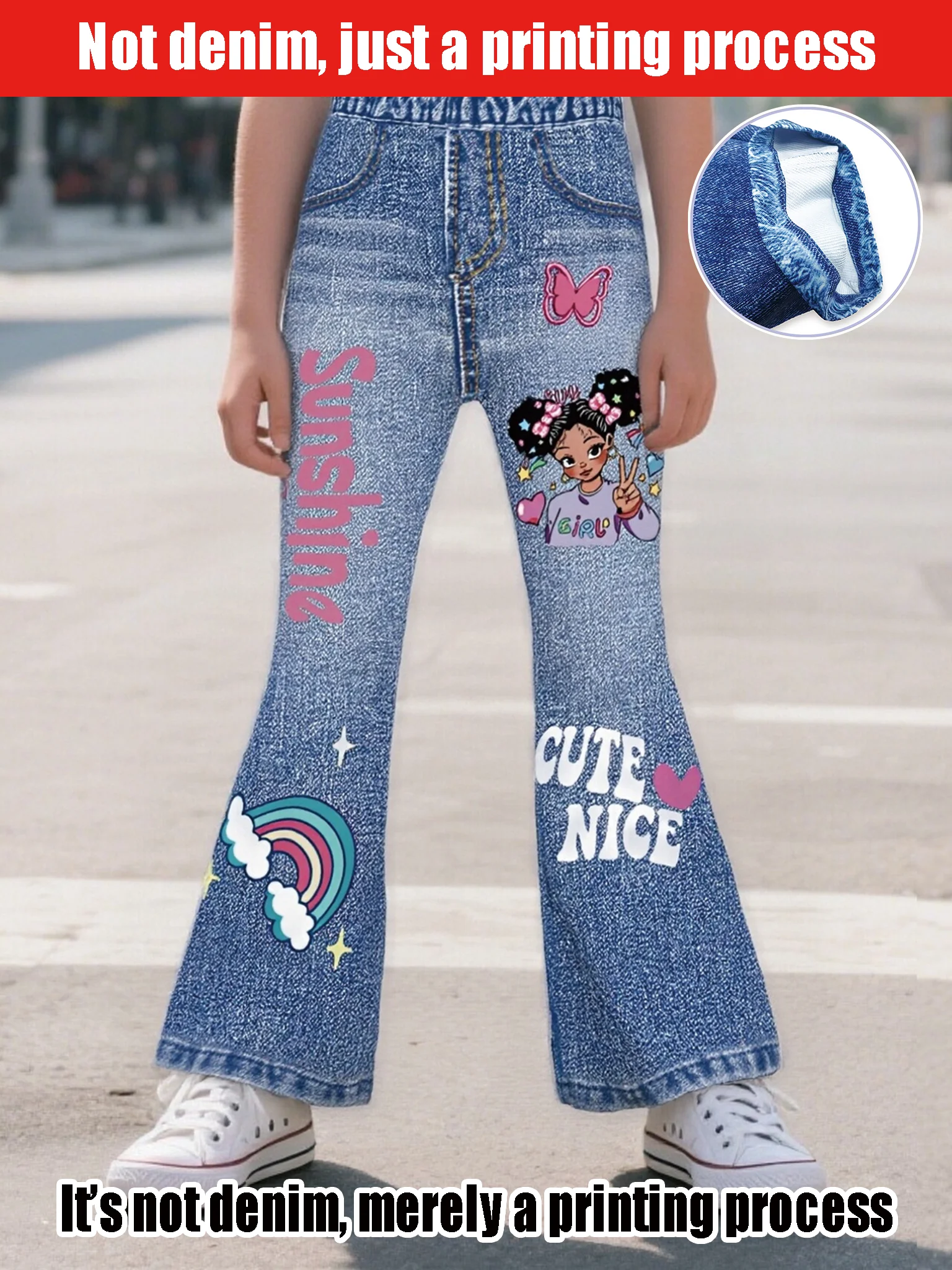 

2025 Girls' Trend Street Style: Rainbow Alphabet - Printed Regular Flared Pants, Fashionable Casual Imitation Denim Slim Pants