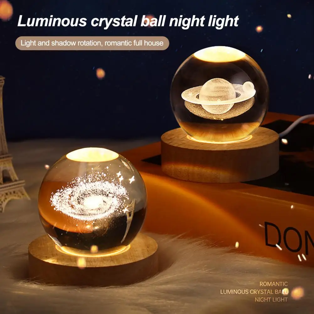 6cm Diameter Faux Crystal Ball Night Light With Wooden Base 3D Engraved Solar System Planet Bedside LED Lamp Desktop Decoration