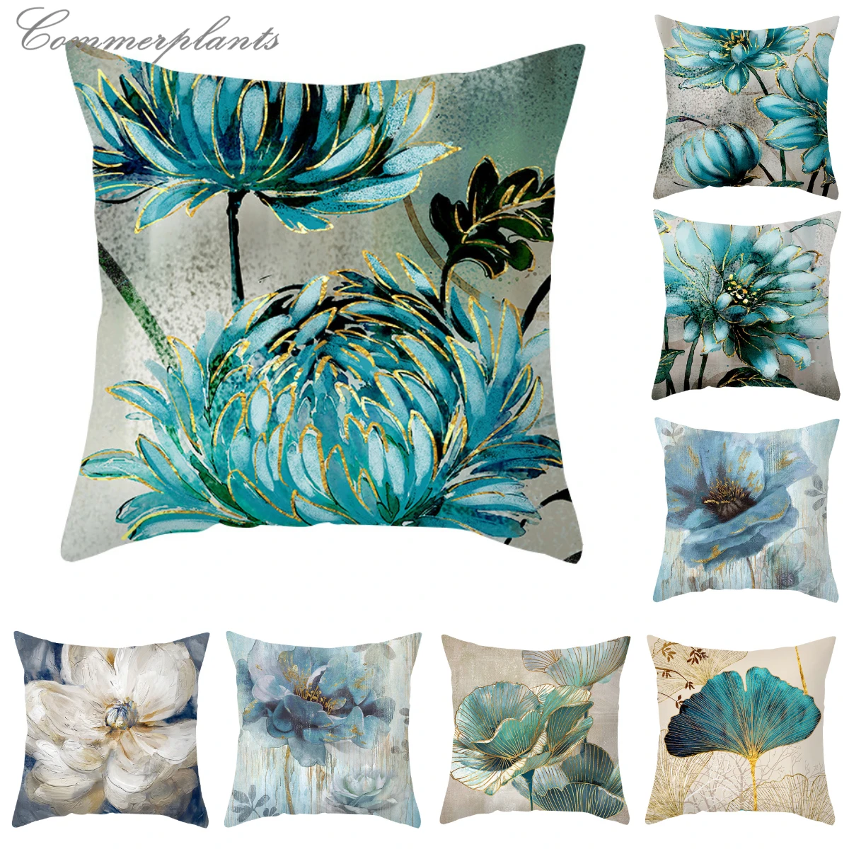 

New Hand Painted Flowers Gold Lines Drawing Blue Pillow Cover Ginkgo Floral Pillowcase Sofa Bed Couch Cushion Fashion Home Decor