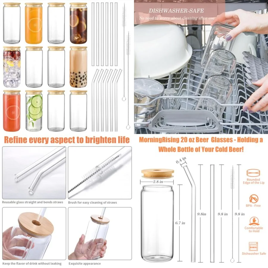

Glass Cups with Lids and Straws, 12psc Glass Drinking Set, Beer Can Cups with Bamboo Lids, Tumbler Cup with Straw for Ice Coffe
