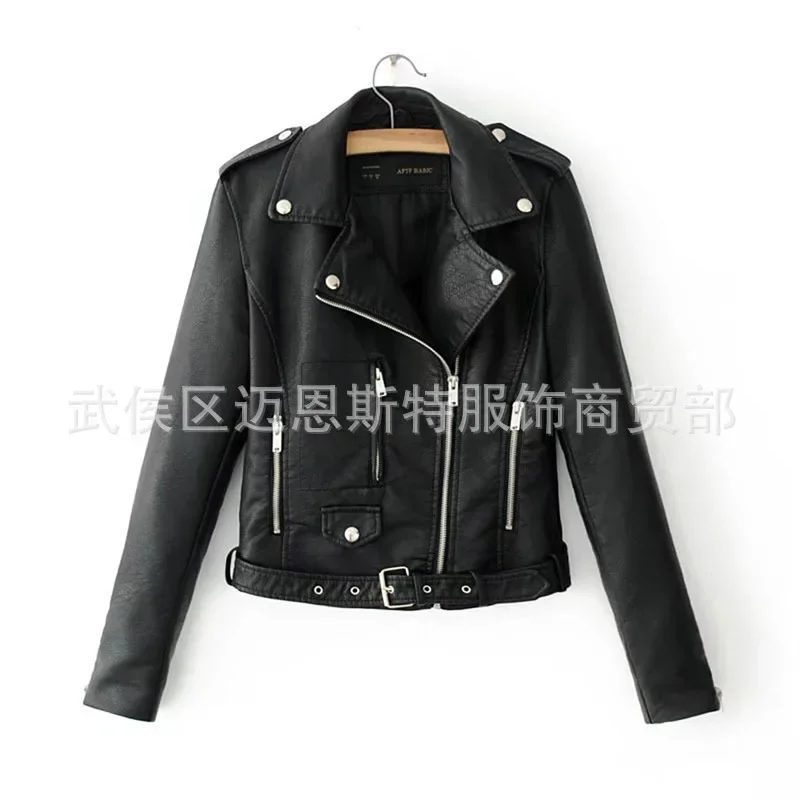 2024 สุภาพสตรีใหม่ซิปเฉียงหนังสั้น Slim-Fitting BIKER PU หนัง JACKET