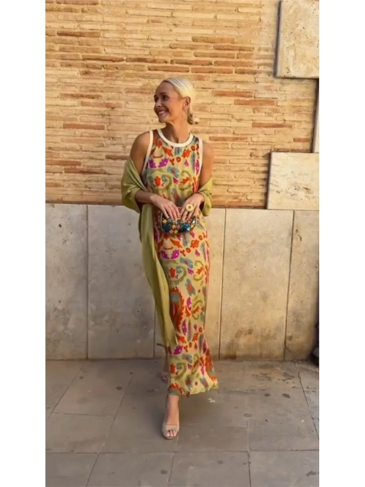 new Autumn Women's Two-piece Sets Dress Sleeveless Round-neck Ankle-length Sundress Cape Coat Bohemian Printed Vacation Dress image 5
