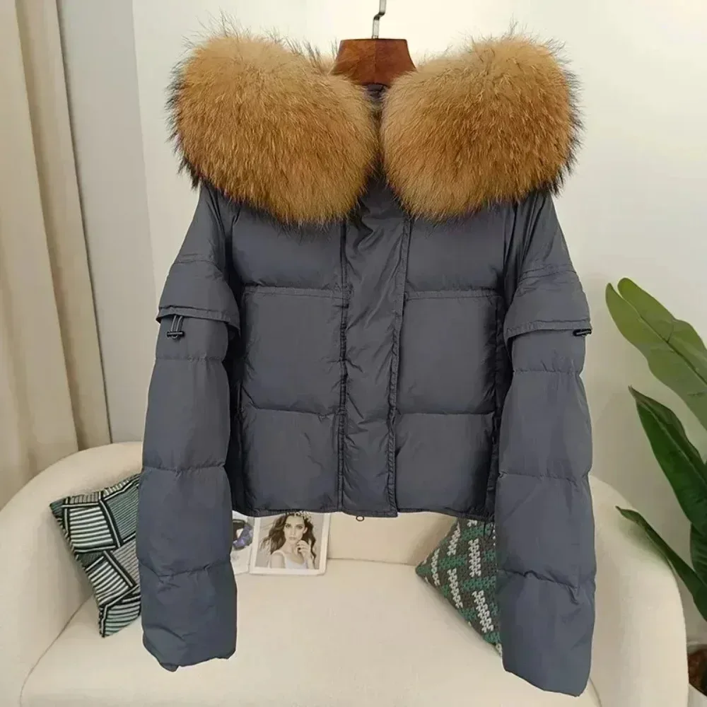 2024 Detachable Sleeve Real Raccoon Fur Collar Jacket Outerwear Streetwear Duck Down Loose Autumn Winter Women Hooded Fashionabl