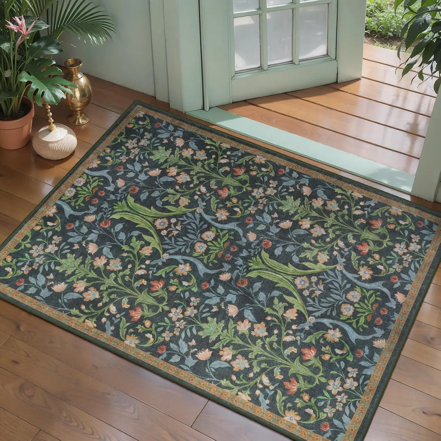 Vintage Botanical Floral Entry Rug Washable Non-Slip Thin Floor Carpet for Front Door Kitchen Foyer Decor Green