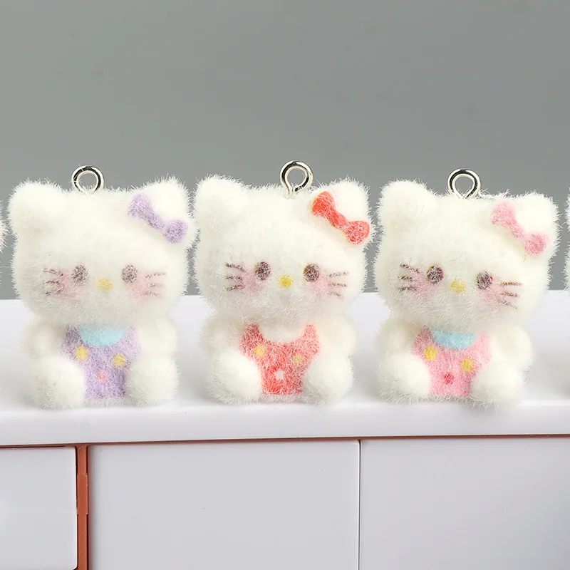 5pcs 3D Cute Flocked resin Kitten Charms Cartoon animals Cat Pendant for DIY Crafts Jewelry Necklace Keychain Accessories