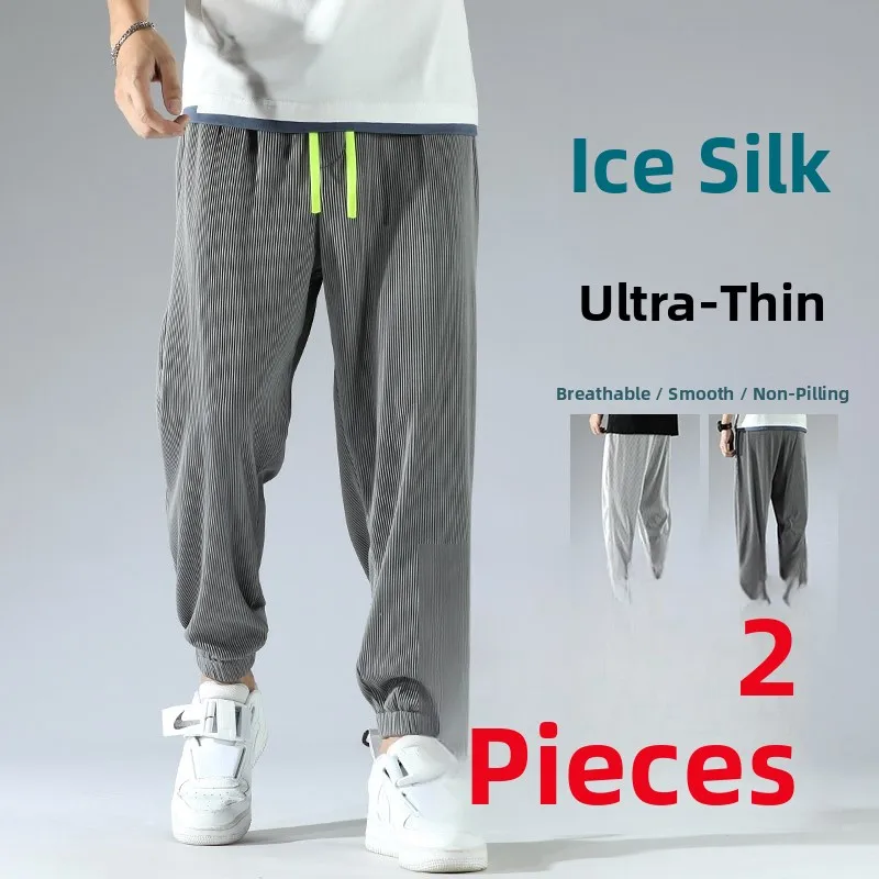 

Ice Silk Men's Summer Thin Loose Casual Sports Pants Elastic Waist Drapey Loose Fit Long Trousers Comfortable Breathable