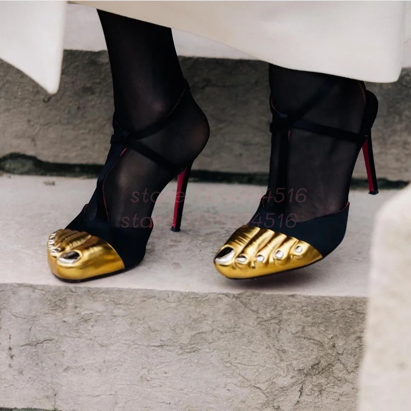 Gold Five Toe T-Tied Ankle Strap Thin Heels Women Metal Toe Buckle Strap Slingback Sandals Lady Sexy Elegant Party Prom Shoes image 2