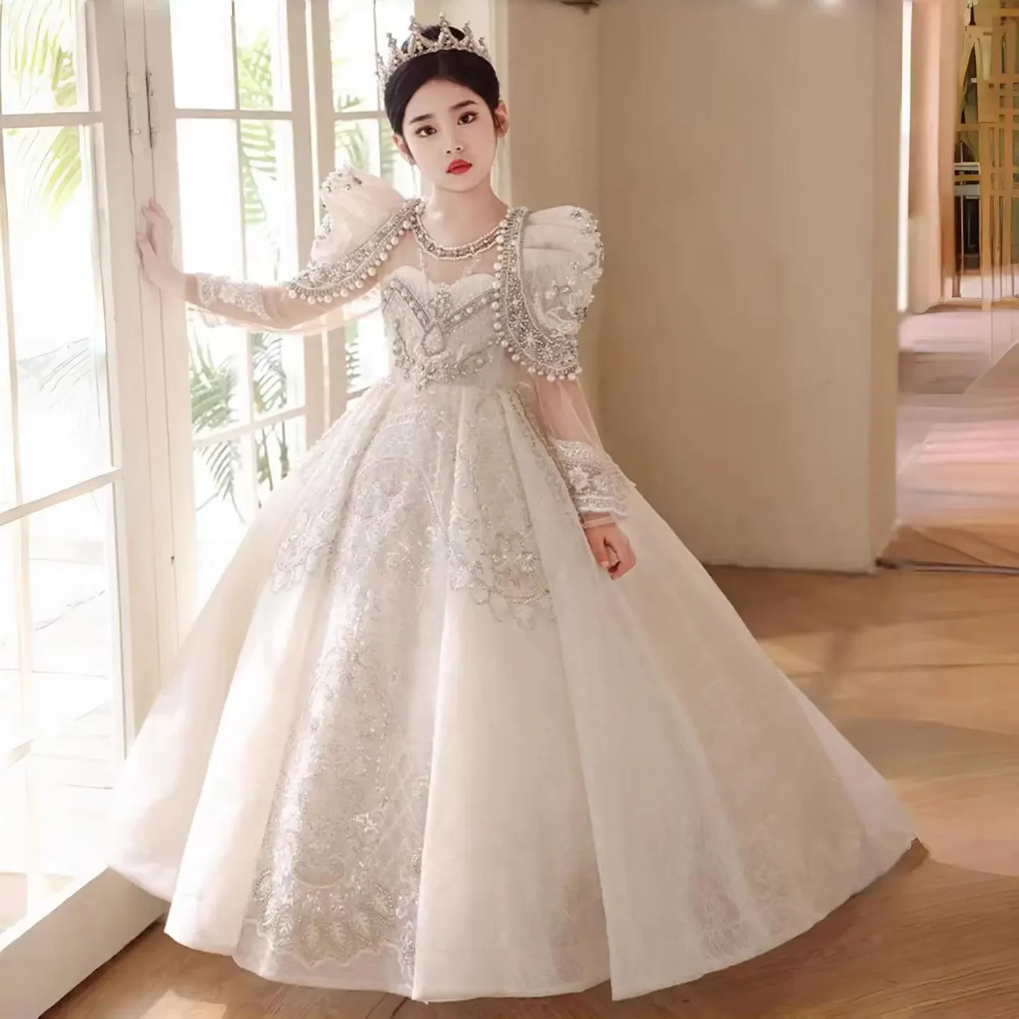 

Custom Flower Girl Dress First Christmas Dress Wedding Party Gown White Sequin Lace Princess Kids Evening Dress فساتين ا