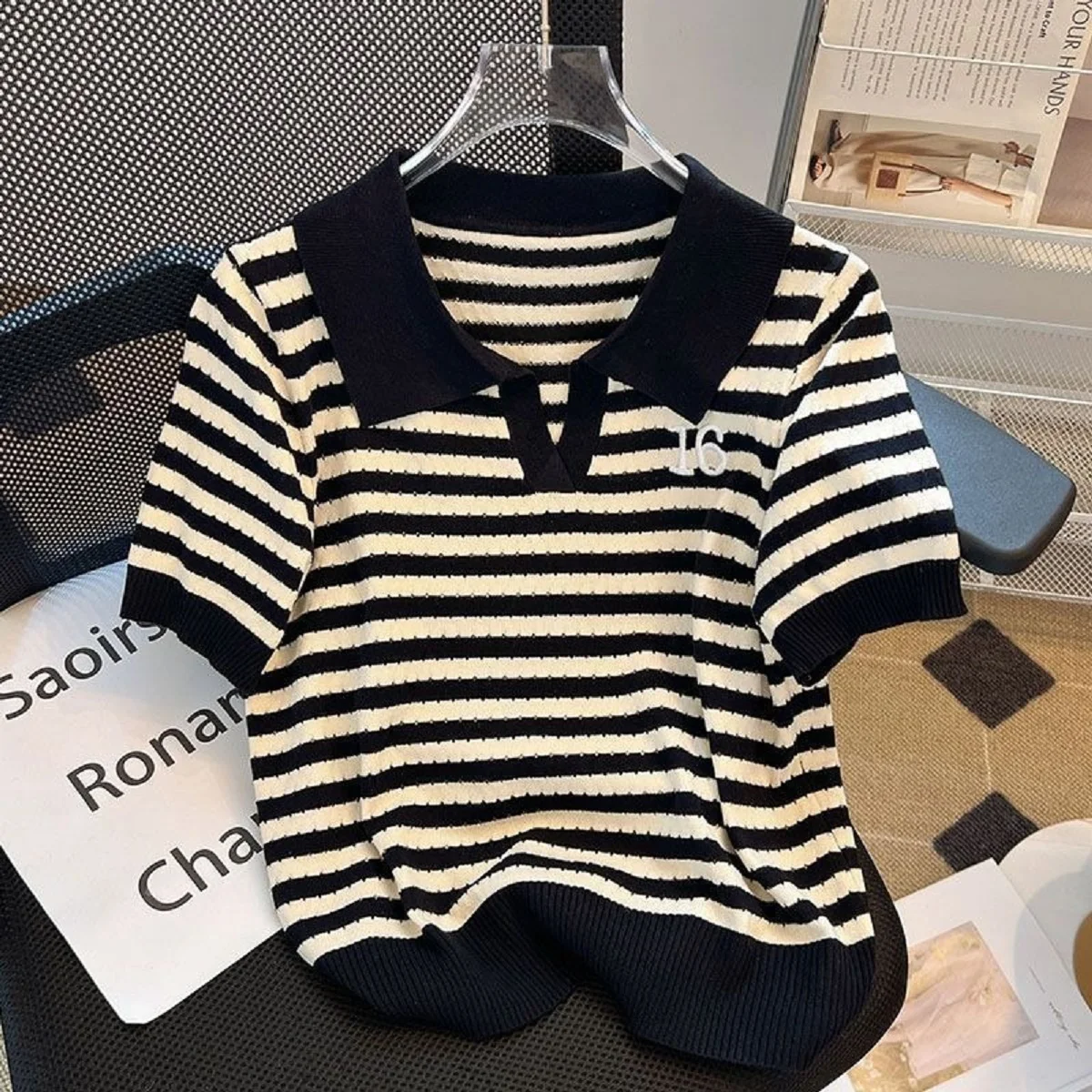 Summer Tee Hollow Out Contrast Colors Striped Patchwork Korean Fashion Casual Pullover Short Sleeve Korean Fashion Polo Tops