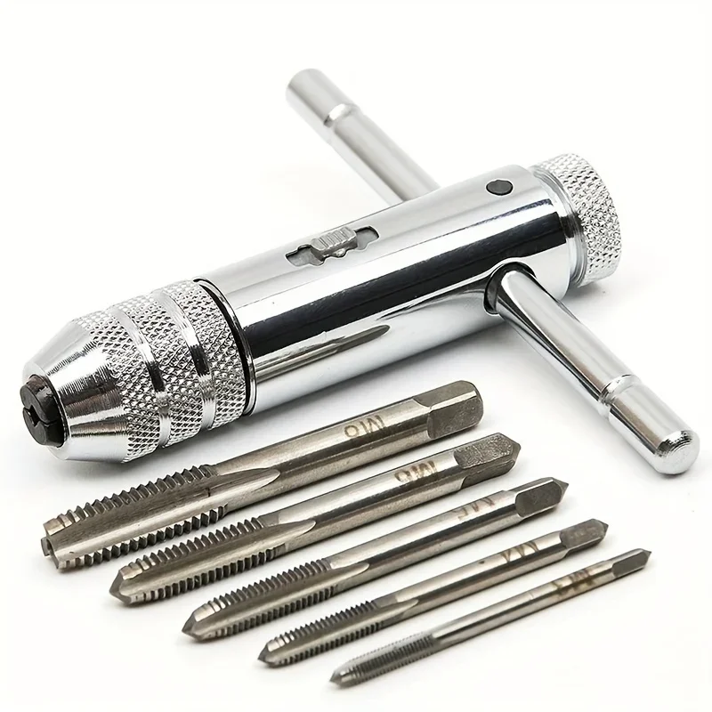 Adjustable Silver T-Handle Ratchet Tap Holder Wrench With 5pcs M3-M8 3mm-8mm Machine Screw Thread Metric Plug T-shaped Tap